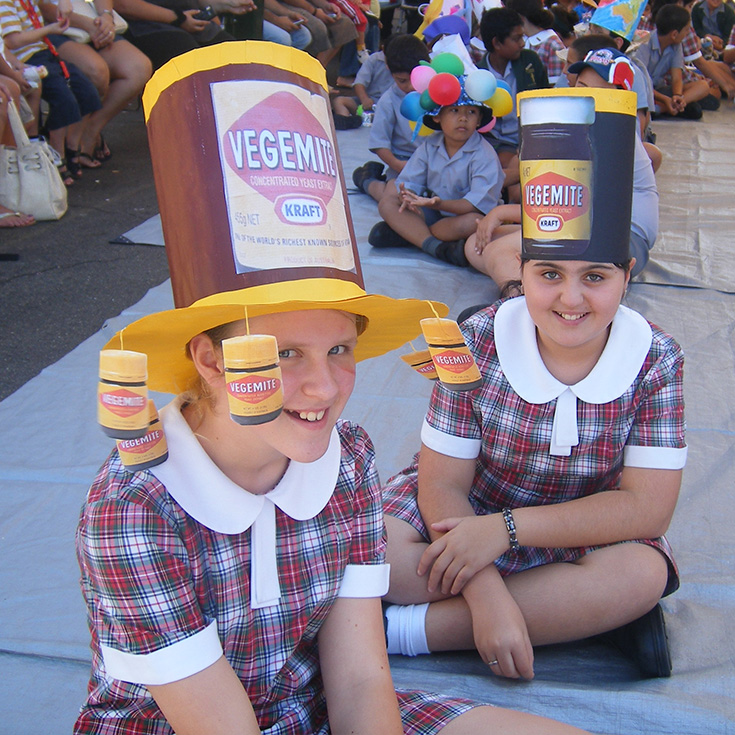 historical photo of St Patrick's Catholic Primary School Parramatta students wearing novelty hats